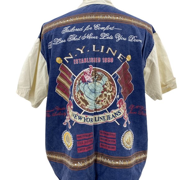 Vintage NY Line Men's Retro Graphic Button Down Beige Shirt Size Small 90's - Picture 4 of 6